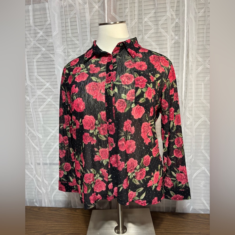 EMBER 3X Semi-sheer long sleeve blouse cloth cover buttons Lots of SPARKLE 28”L